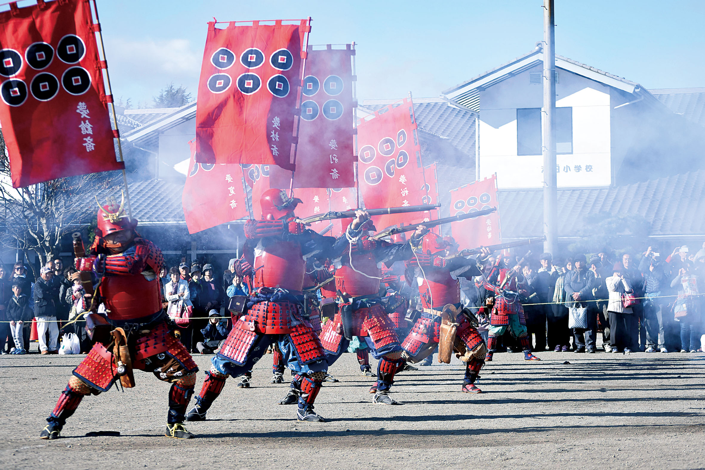 Joshu Sanada Matsuri Festival is a must-see event. Powerful shooting feudal guns performance by samurai warriors in feudal army combat uniform. 